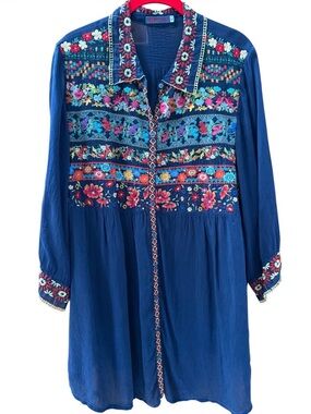 Johnny Was Multicolor Embroidered Tunic Top Bohemian Sz Large Navy Blue